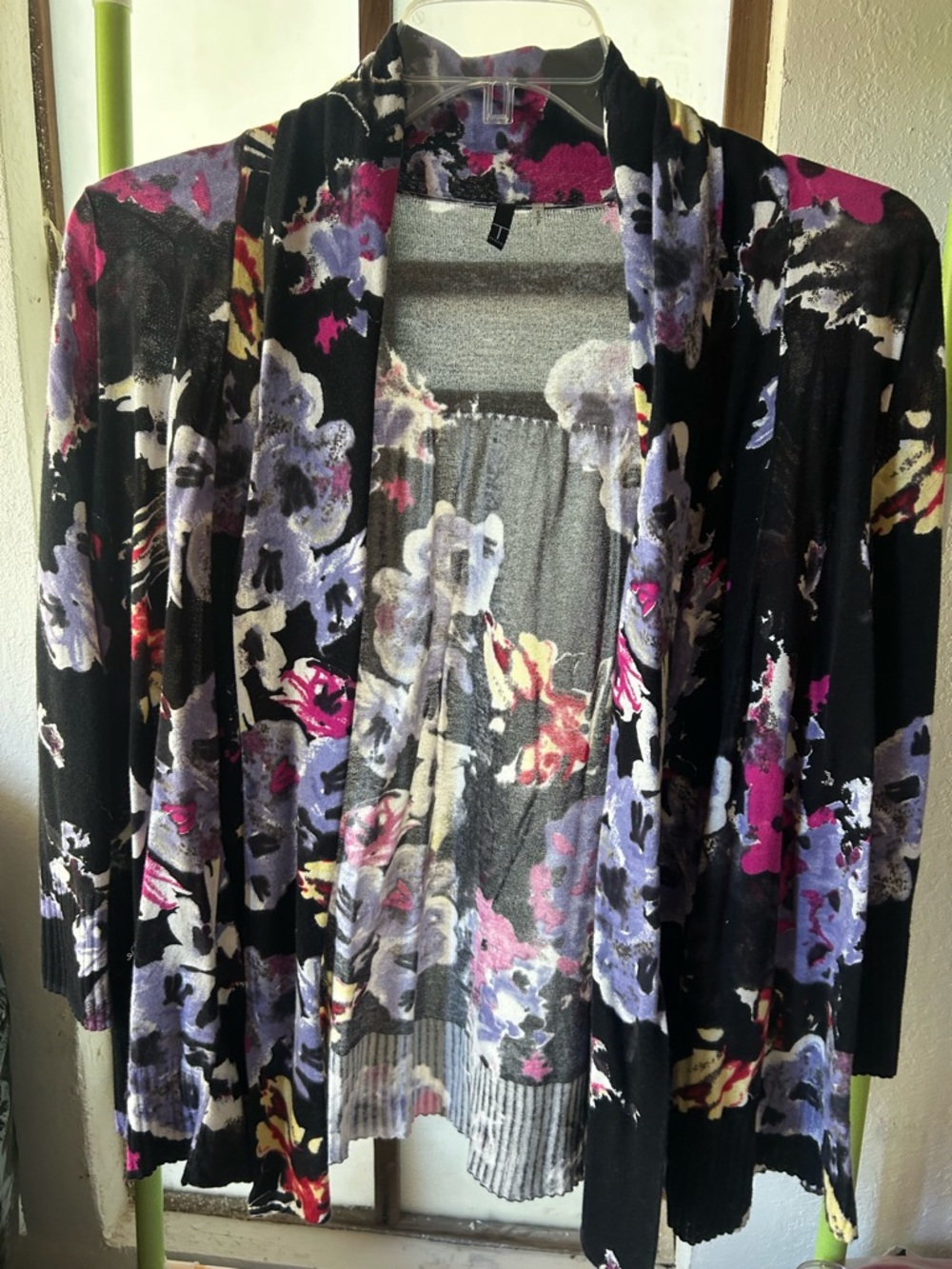 Tahari Black Floral Open-Front Cardigan with Purple and Pink Accents
